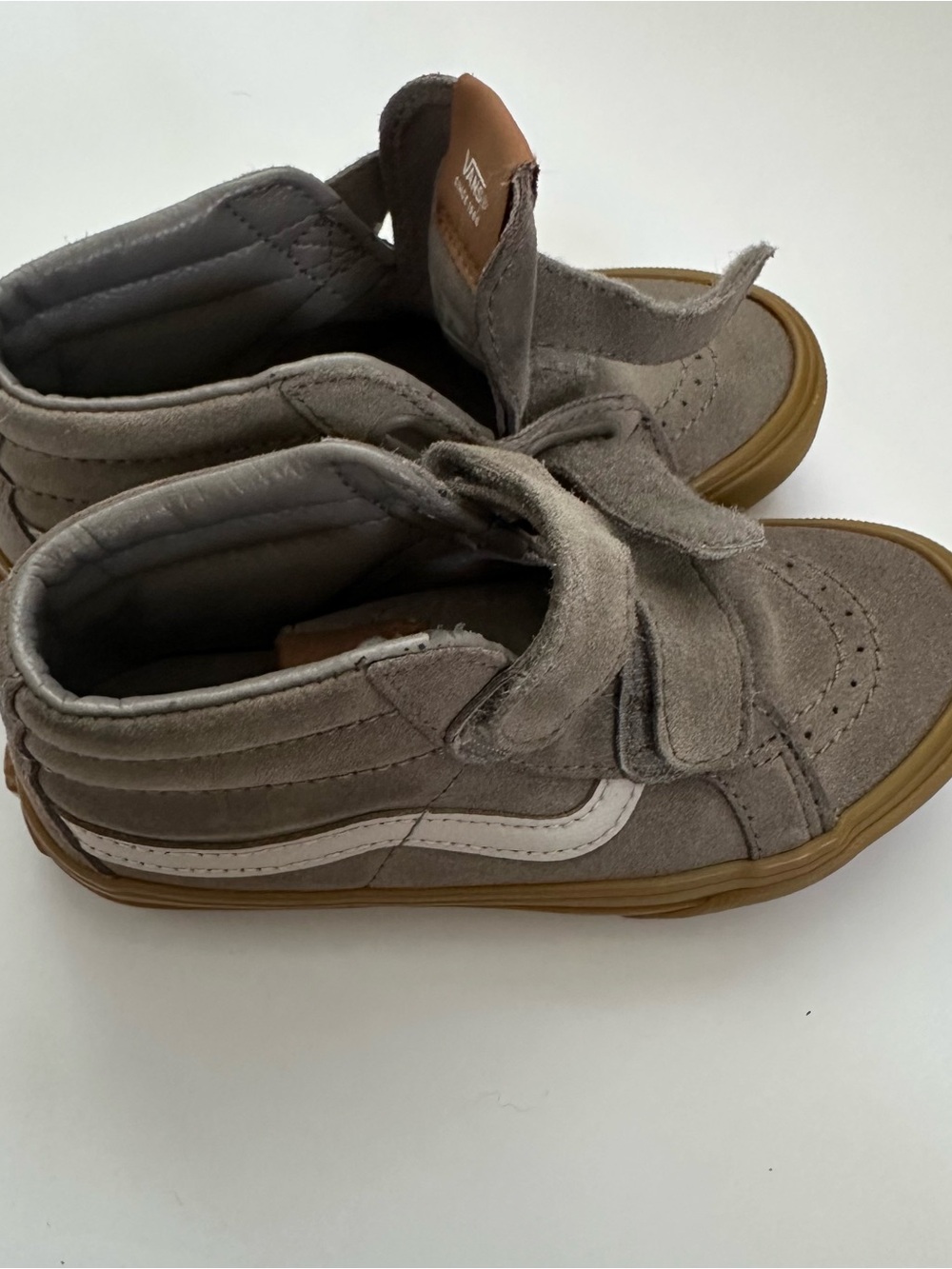 Vans Kids High-Top Sneakers in Gray Suede with White Stripe and Gum Sole
